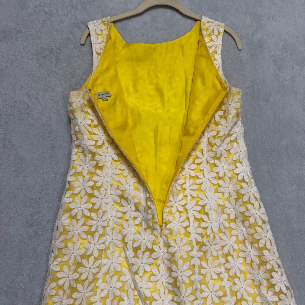 Cremieux A-Line Dress Womens 12 Yellow White Floral Lace Sleeveless Mod Mini - Picture 4 of 11